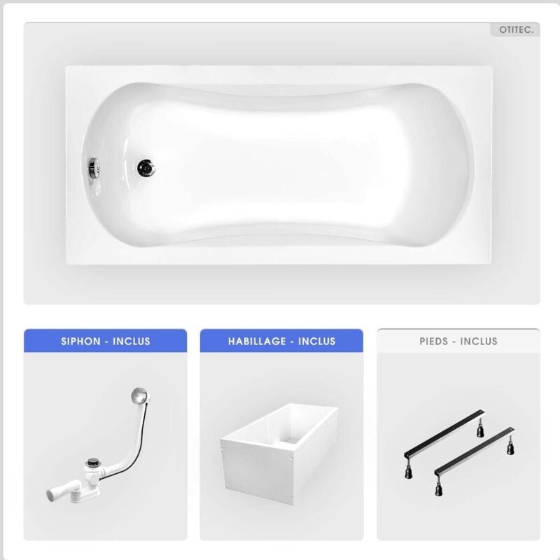 Otitec - Baignoire rectangulaire - 160 x 70 cm - avec Habillage Polystyrène - Pieds - Vidage Chrome - aria