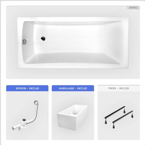 Baignoire rectangulaire - 160 x 70 cm - avec Habillage Polystyrène - Pieds - Vidage Chrome - OPTIMA