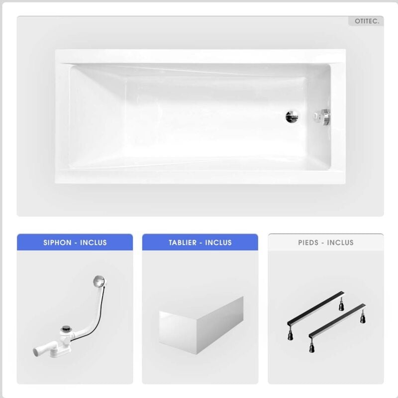 Otitec - Baignoire rectangulaire - 160 x 70 cm - avec Tablier Blanc - Pieds - Vidage Chrome - modern