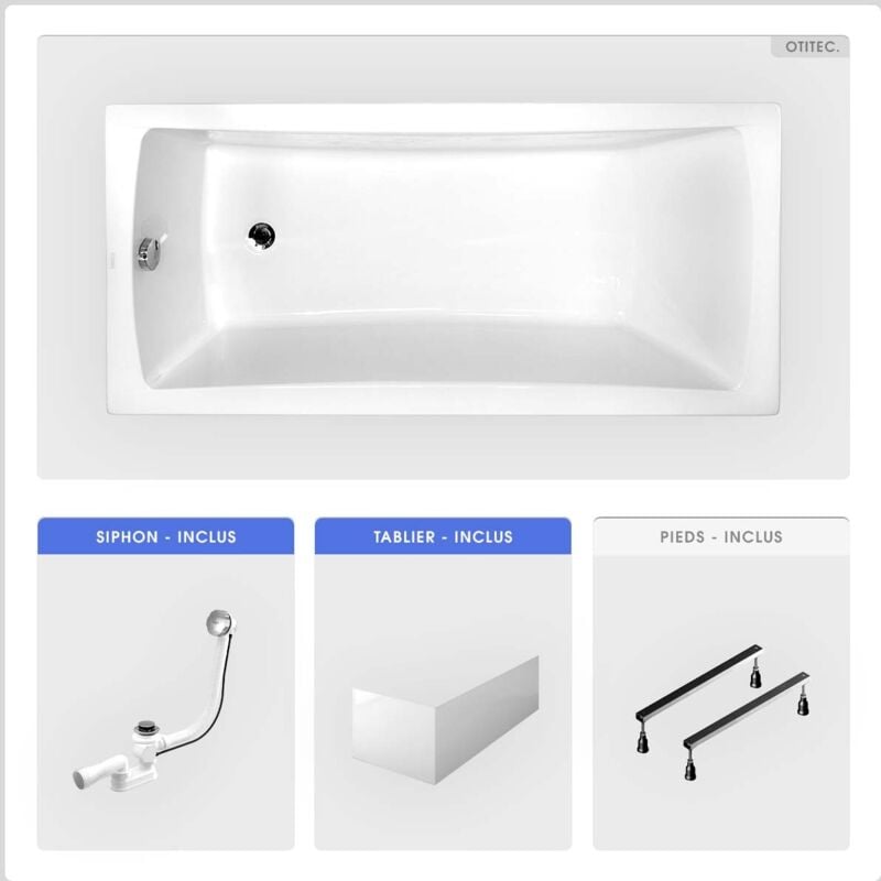 Otitec - Baignoire rectangulaire - 160 x 70 cm - avec Tablier Blanc - Pieds - Vidage Chrome - optima