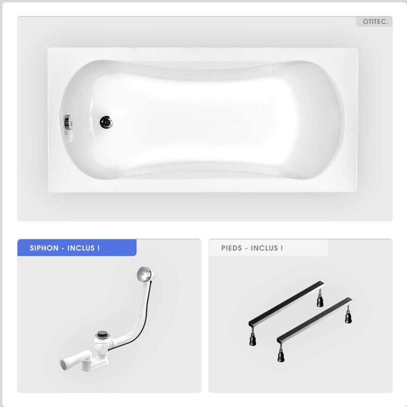 Baignoire rectangulaire - 160 x 70 cm - sans Habillage - avec Pieds - Vidage Chrome - aria