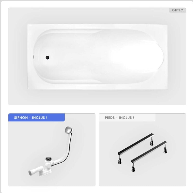 Otitec - Baignoire rectangulaire - 160 x 70 cm - sans Habillage - avec Pieds - Vidage Chrome - bona