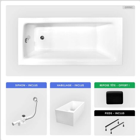 Baignoire rectangulaire - 160 x 75 cm - avec Habillage Polystyrène - Pieds - Poignées - Repose-tête - Vidage Chrome - TALIA PREMIUM