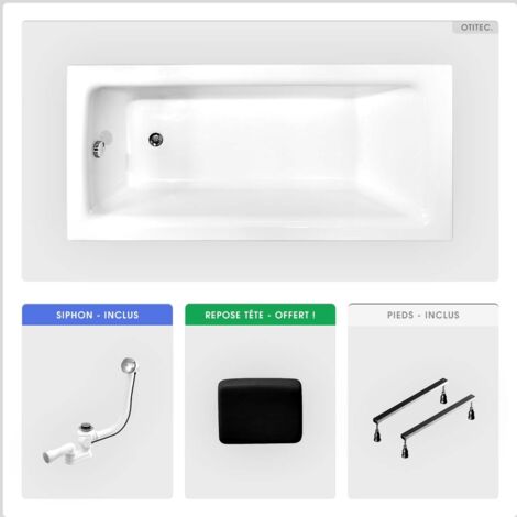 Baignoire rectangulaire - 160 x 75 cm - sans Habillage - avec Pieds - Poignées - Repose-tête - Vidage Chrome - TALIA PREMIUM
