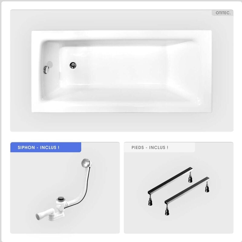Baignoire rectangulaire - 160 x 75 cm - sans Habillage - avec Pieds - Vidage Chrome - talia