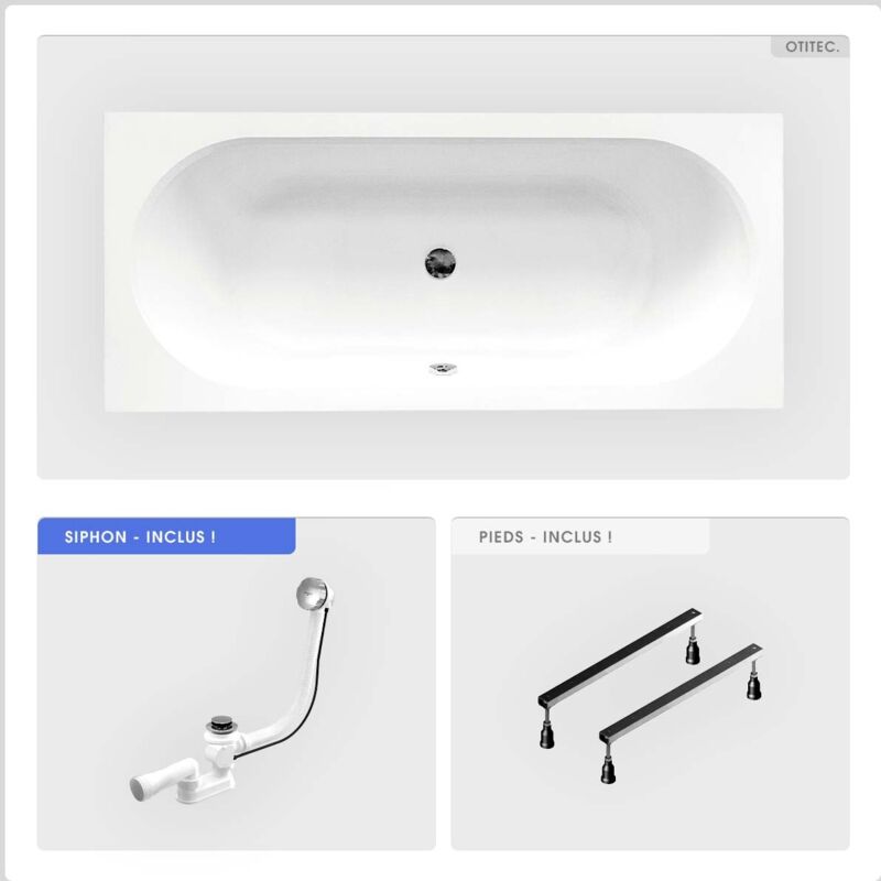 Baignoire rectangulaire - 160 x 75 cm - sans Habillage - avec Pieds - Vidage Chrome - vitae