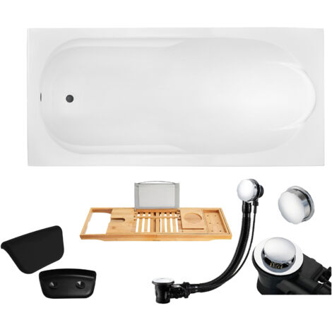 Baignoire Rectangulaire 160x70 + appui-tête + planche en bambou, Siphon de bain et pieds (support) - Set 5en1 - Fabriqué en UE - BADLAND BONA
