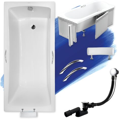 Baignoire Rectangulaire 160x70 avec des panneaux en polystyrène + poignée + appui-tête, Siphon de bain et pieds - Set 6en1 - BADLAND OPTIMA PREMIUM