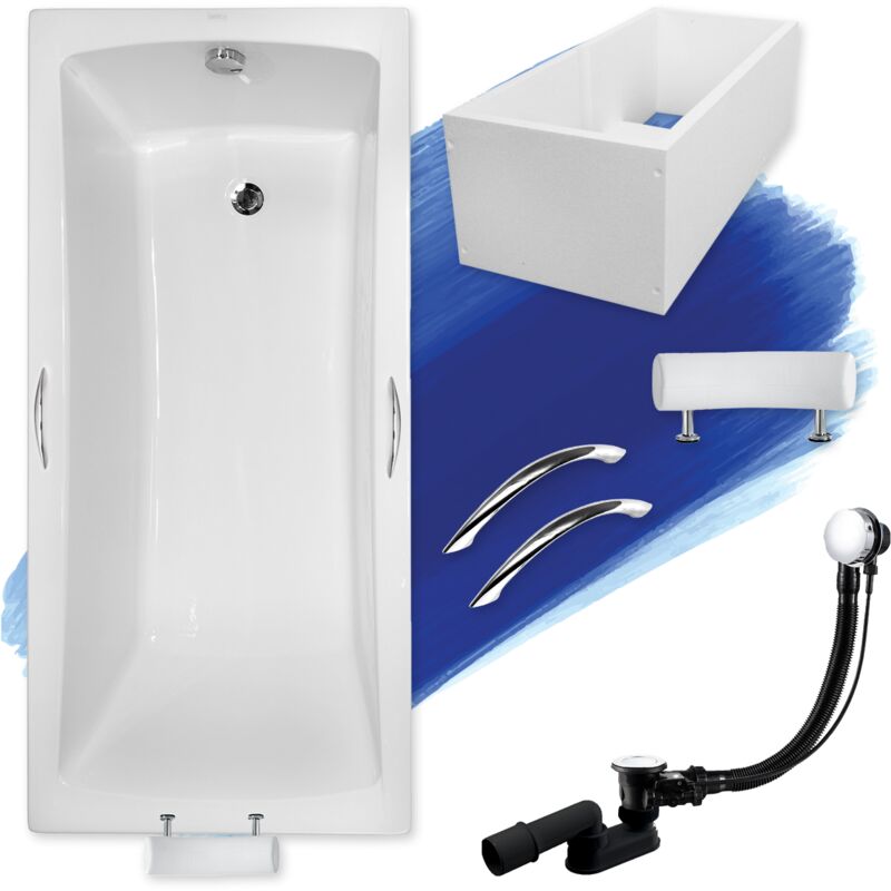 Baignoire Rectangulaire 160x70 avec support en polystyrène + poignée + appui-tête, Siphon de bain et pieds - Set 6en1 Badland optima premium