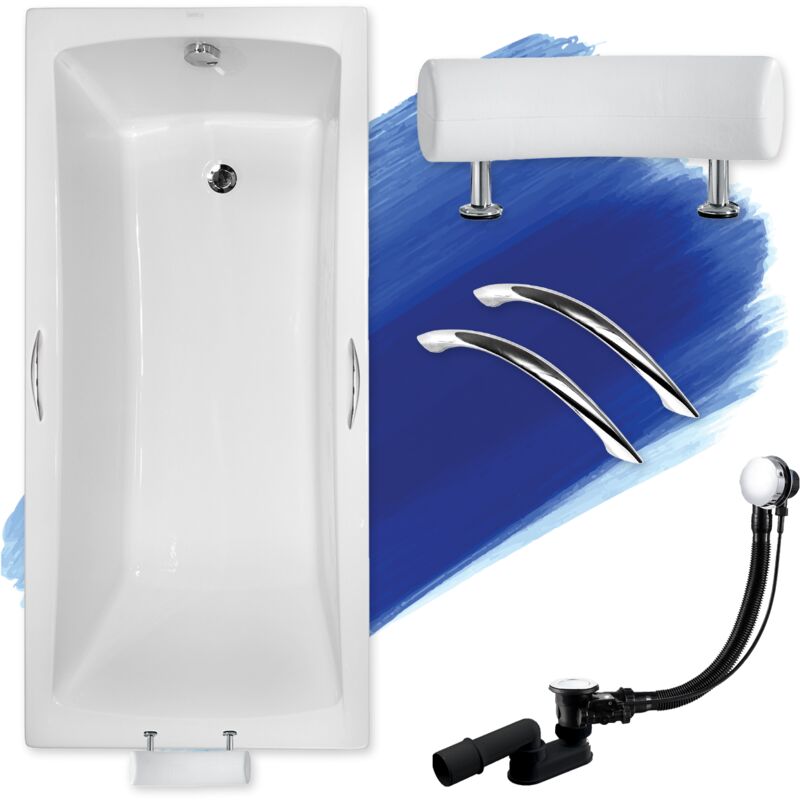 Badland - Baignoire Rectangulaire 160x70 + poignée + appui-tête, Siphon de bain et pieds (support) - Set 5en1 - Fabriqué en ue optima premium