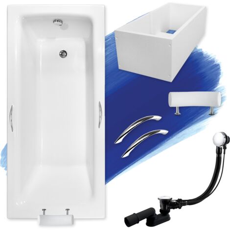Baignoire Rectangulaire 160x75 avec support en polystyrène + poignée + appui-tête, Siphon de bain et pieds - Set 6en1 - BADLAND TALIA PREMIUM