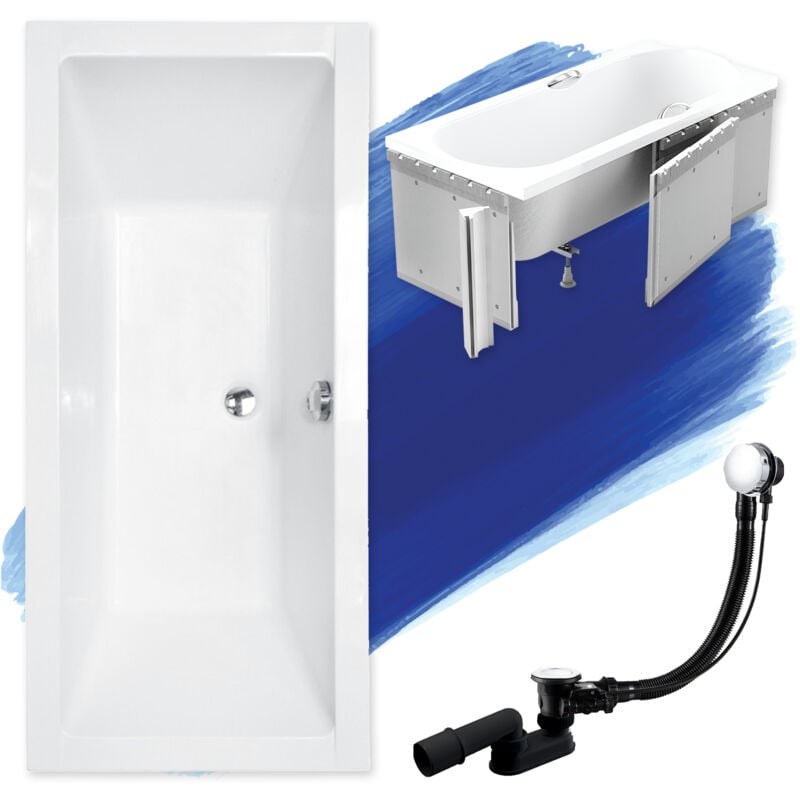 Badland - Baignoire Rectangulaire 165x75 avec des panneaux en polystyrène, Siphon de bain et pieds (support) - Set 4en1 - Fabriqué en ue quadro