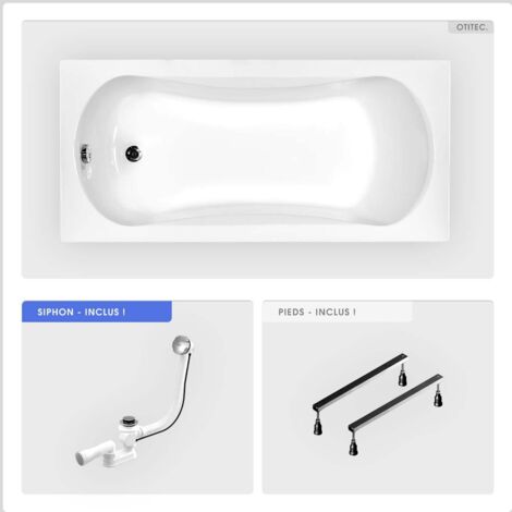 Baignoire rectangulaire - 170 x 70 cm - sans Habillage - avec Pieds - Vidage Chrome - ARIA