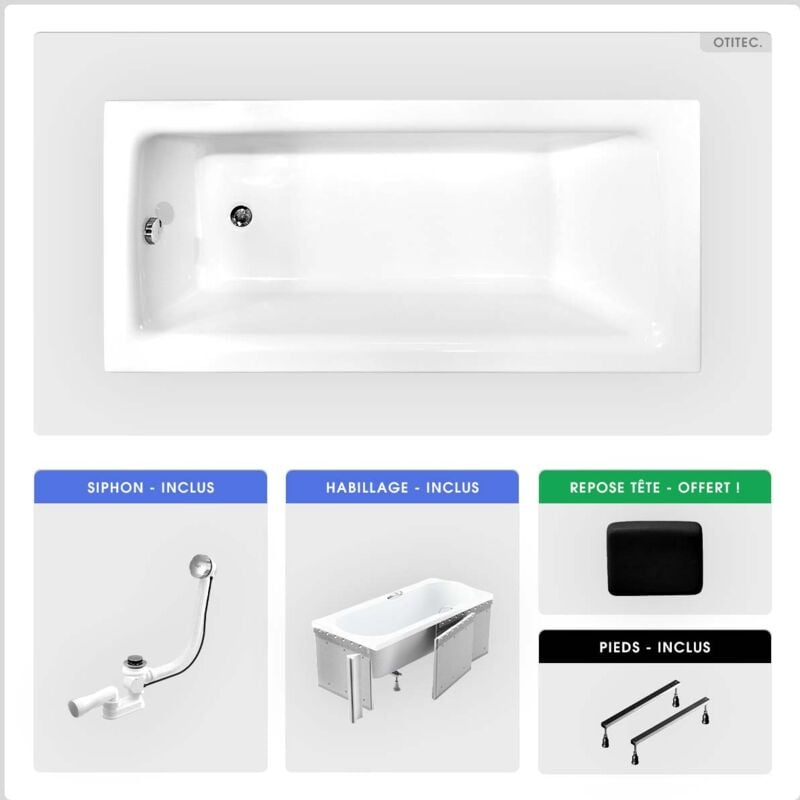 Otitec - Baignoire rectangulaire - 170 x 75 cm - avec Habillage - Pieds - Poignées - Repose-tête - Vidage Chrome - talia premium