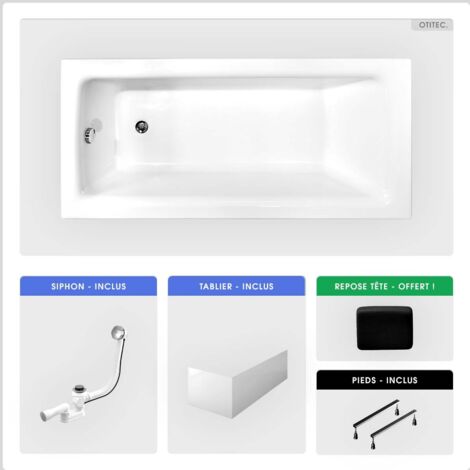 Baignoire rectangulaire - 170 x 75 cm - avec Tablier Blanc - Pieds - Poignées - Repose-tête - Vidage Chrome - TALIA PREMIUM