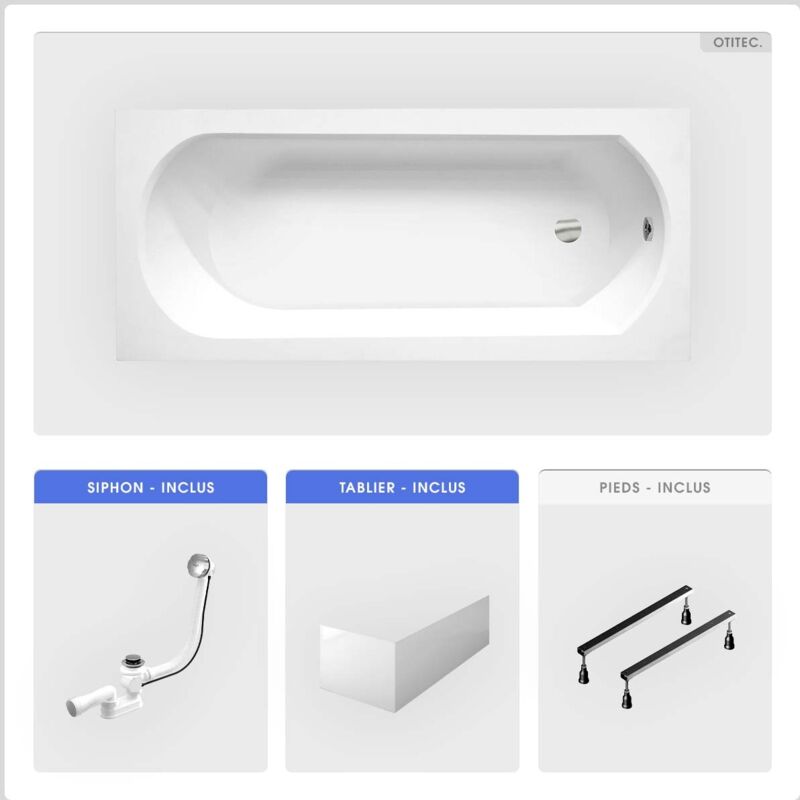 Otitec - Baignoire rectangulaire - 170 x 75 cm - avec Tablier Blanc - Pieds - Vidage Chrome - intrica