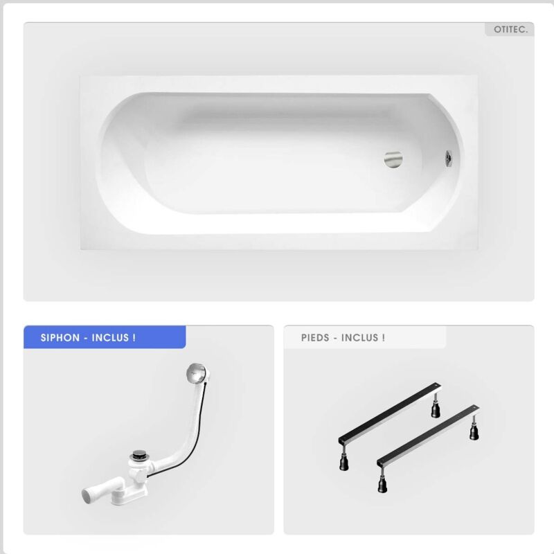 Otitec - Baignoire rectangulaire - 170 x 75 cm - sans Habillage - avec Pieds - Vidage Chrome - intrica