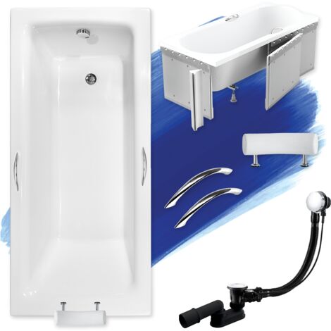 Baignoire Rectangulaire 170x75 avec des panneaux en polystyrène + poignée + appui-tête, Siphon de bain et pieds - Set 6en1 - BADLAND TALIA PREMIUM