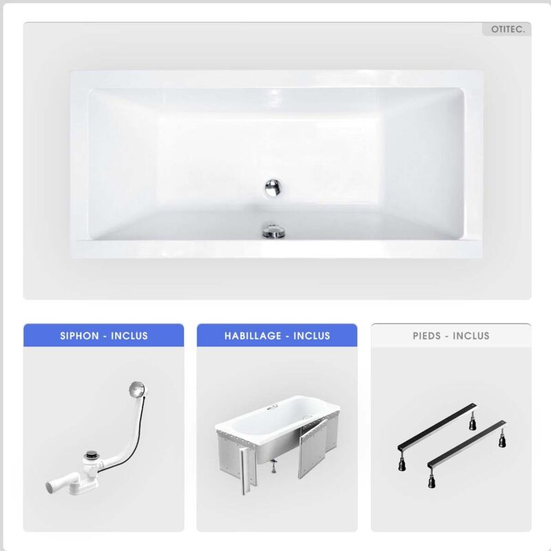 Otitec - Baignoire rectangulaire - 180 x 80 cm - avec Habillage - Pieds - Vidage Chrome - quadro