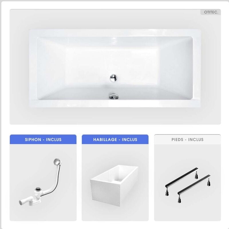 Otitec - Baignoire rectangulaire - 180 x 80 cm - avec Habillage Polystyrène - Pieds - Vidage Chrome - quadro