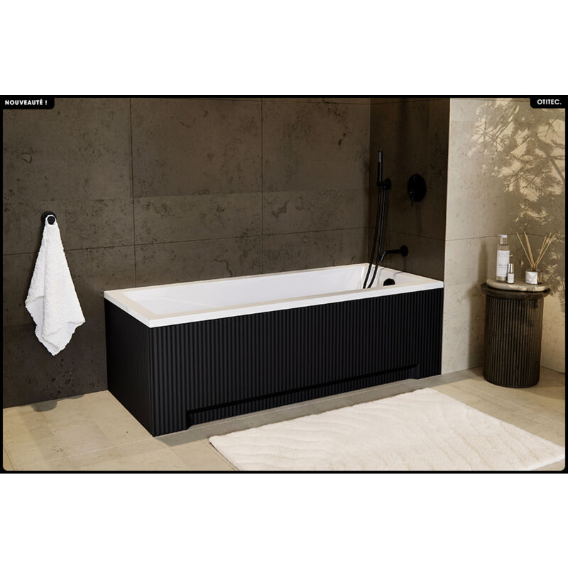 Otitec - Baignoire rectangulaire - 180 x 80 cm - avec Tablier Noir Rainuré - Pieds - Vidage Chrome inclus - modern