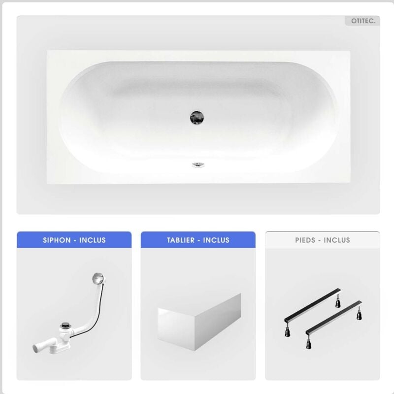 Otitec - Baignoire rectangulaire - 180 x 80 cm - avec Tablier - Pieds - Vidage Chrome - vitae