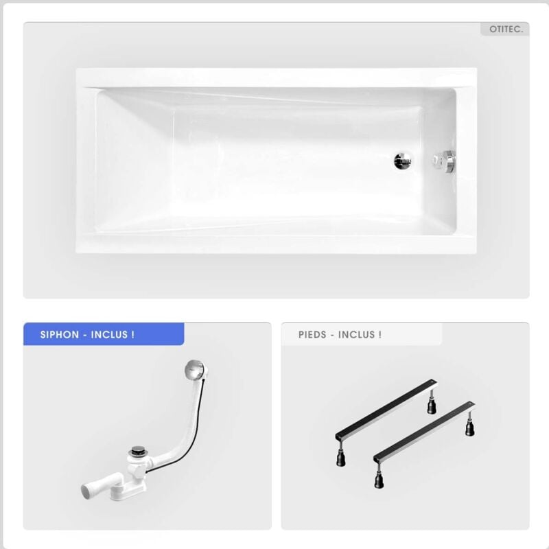 Baignoire rectangulaire - 180 x 80 cm - sans Habillage - avec Pieds - Vidage Chrome - modern