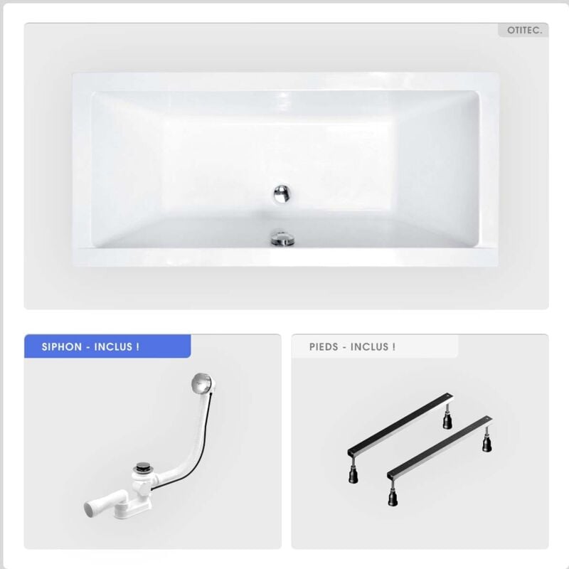 Baignoire rectangulaire - 180 x 80 cm - sans Habillage - avec Pieds - Vidage Chrome - QUADRO