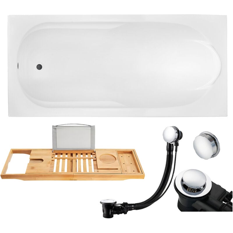 Badland - Baignoire Rectangulaire 180x80 + planche en bambou, Siphon de bain et pieds (support) - Set 4en1 - Fabriqué en ue bona