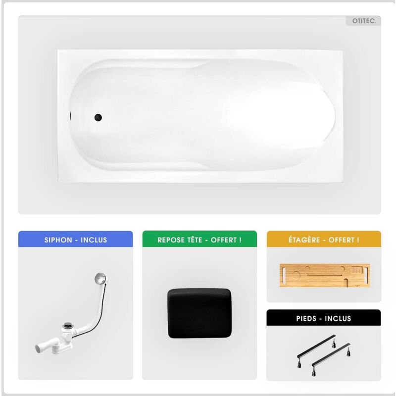 Otitec - Baignoire rectangulaire - 190 x 80 cm - sans Habillage - avec Pieds - Repose-tête - Étagère bambou - Vidage Chrome - bona