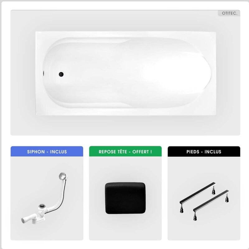 Otitec - Baignoire rectangulaire - 190 x 80 cm - sans Habillage - avec Pieds - Repose-tête - Vidage Chrome - bona