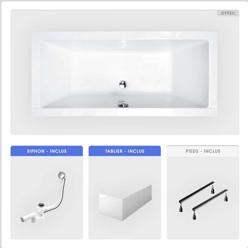 Otitec - Baignoire rectangulaire - 190 x 90 cm - avec Tablier - Pieds - Vidage Chrome - quadro