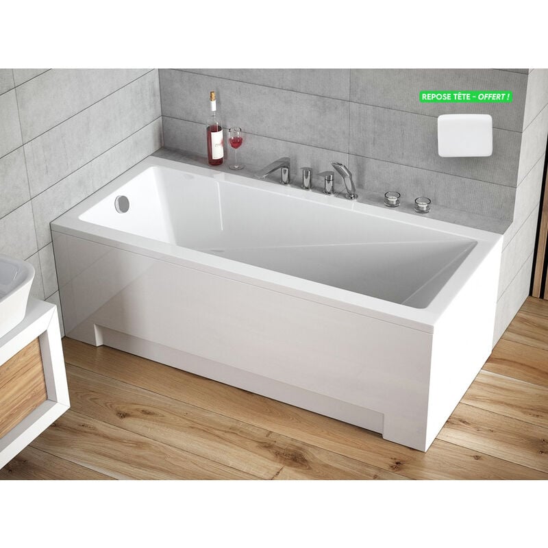 Otitec - Baignoire rectangulaire - avec Tablier Blanc et Repose Tête offert modern 150x70 - Blanc