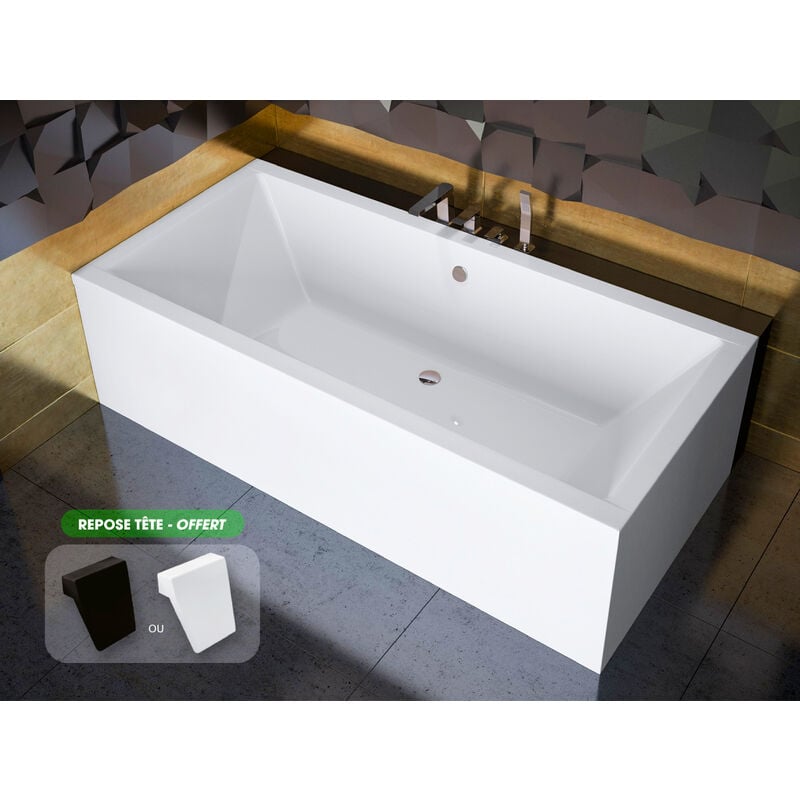 Baignoire rectangulaire - avec Tablier Blanc et Repose Tête offert quadro 180x80 - Blanc