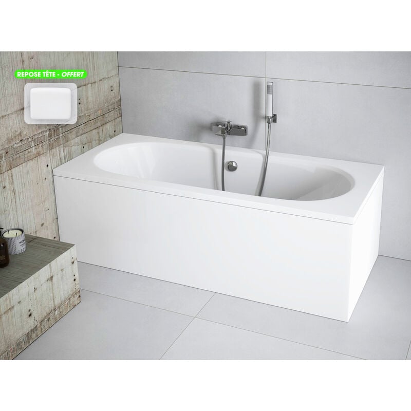 Otitec - Baignoire rectangulaire - avec Tablier Blanc et Repose Tête offert vitae 150x75 - Blanc