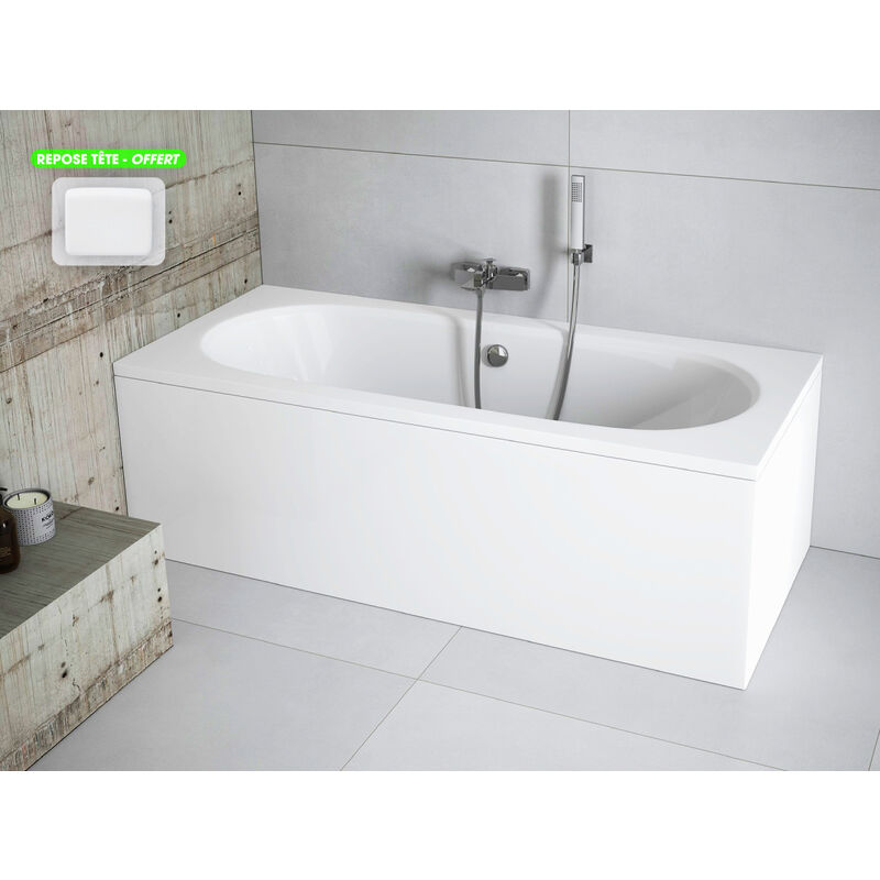 Otitec - Baignoire rectangulaire - avec Tablier Blanc et Repose Tête offert vitae 180x80 - Blanc