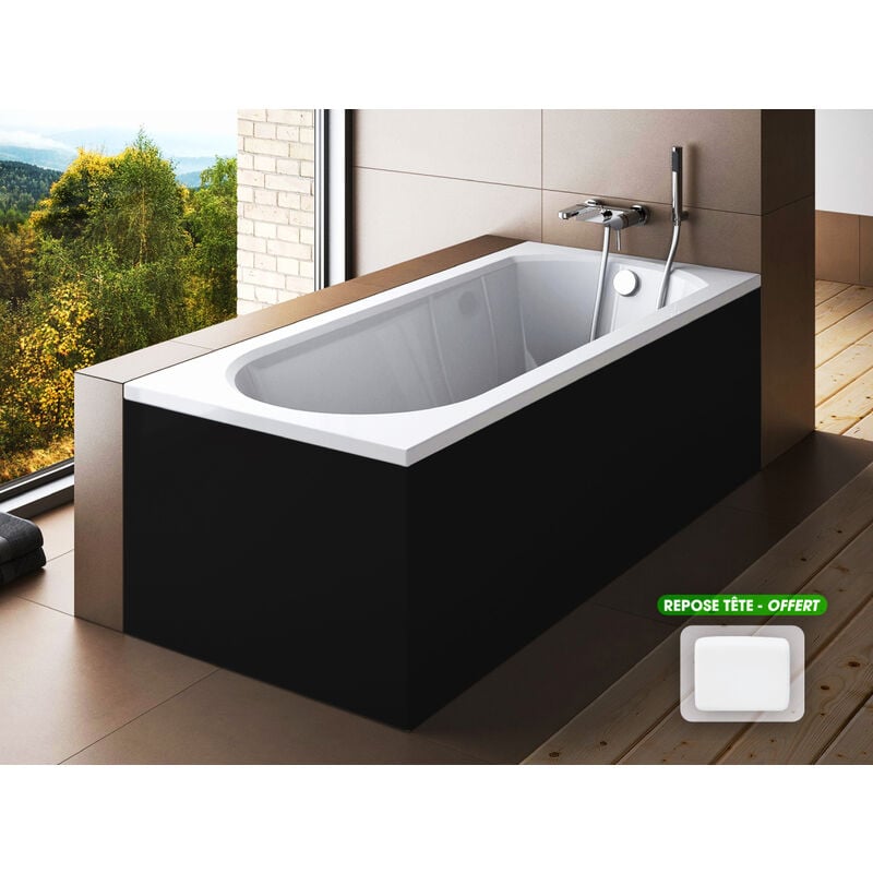 Otitec - Baignoire rectangulaire - avec Tablier Noir Mat et Repose Tête offert intrica 150x75 - Noir