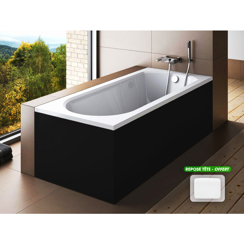 Otitec - Baignoire rectangulaire - avec Tablier Noir Mat et Repose Tête offert intrica 170x75 - Noir