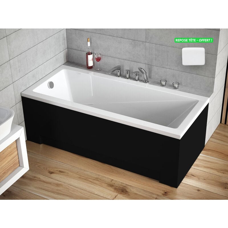 Otitec - Baignoire rectangulaire - avec Tablier Noir Mat et Repose Tête offert modern 140x70 - Noir