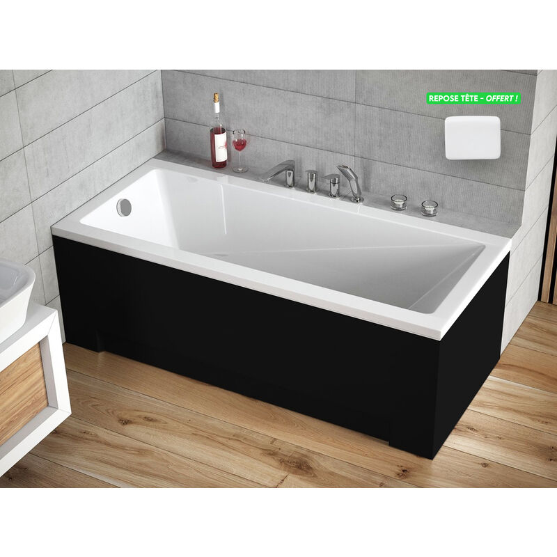 Otitec - Baignoire rectangulaire - avec Tablier Noir Mat et Repose Tête offert modern 170x70 - Noir