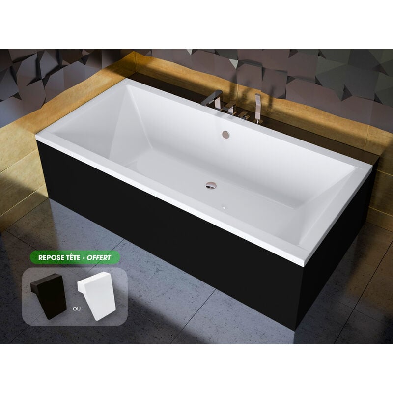 Otitec - Baignoire rectangulaire - avec Tablier Noir Mat et Repose Tête offert quadro 180x80 - Noir