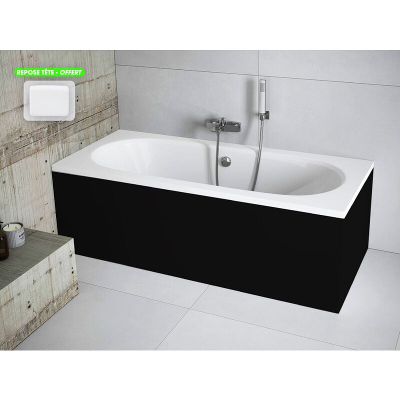 Otitec - Baignoire rectangulaire - avec Tablier Noir Mat et Repose Tête offert vitae 150x75 - Noir