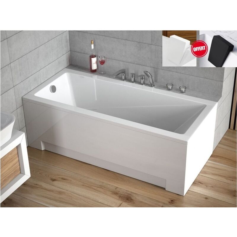 Otitec - Baignoire rectangulaire Blanc - modern - 160x70 - avec Tablier - Repose Tête offert - Blanc