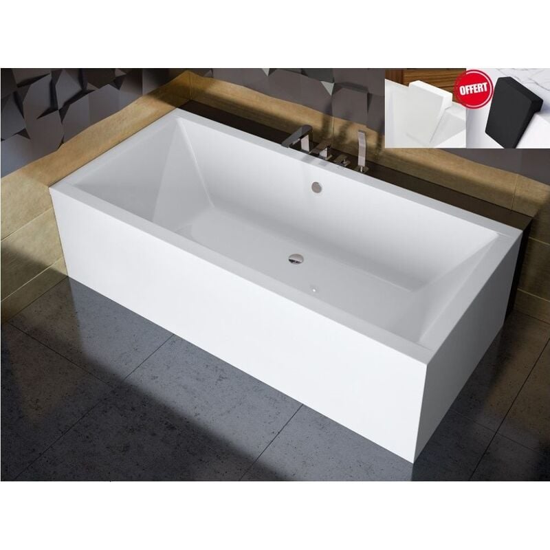 Otitec - Baignoire rectangulaire Blanc - quadro - 170x75 - avec Tablier - Repose Tête offert - Blanc