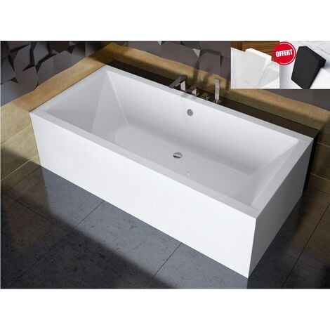 OTITEC Baignoire rectangulaire Blanc - QUADRO - 190x90 - avec Tablier - Repose Tête OFFERT