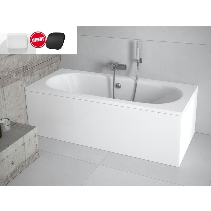 Otitec - Baignoire rectangulaire Blanc - vitae - 160x75 - avec Tablier - Repose Tête offert - Blanc