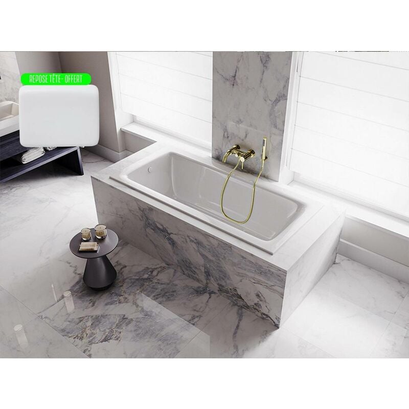 Otitec - Baignoire rectangulaire blanche à encastrer + repose tête - 150 x 70 - talia slim - Blanc