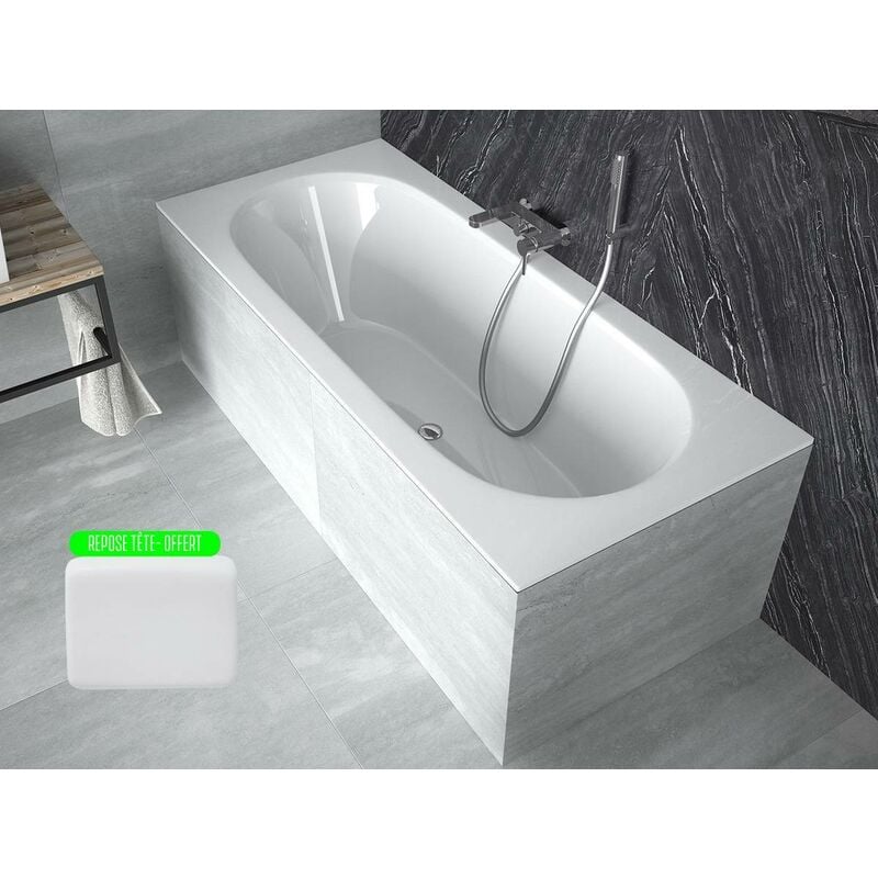 Otitec - Baignoire rectangulaire blanche à encastrer + repose tête - 150 x 75 - vitae slim - Blanc