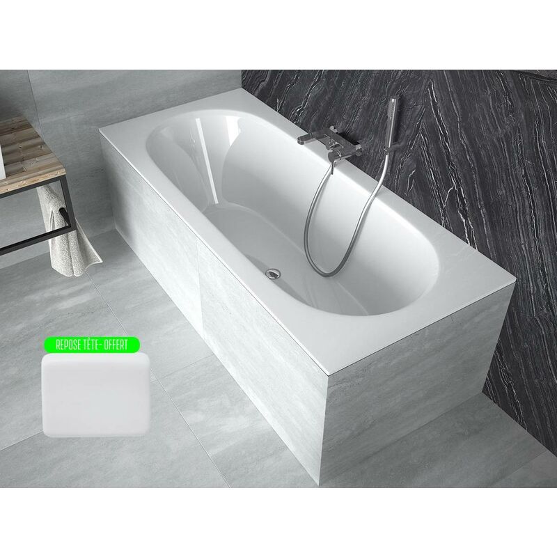 Otitec - Baignoire rectangulaire blanche à encastrer + repose tête - 160 x 75 - vitae slim - Blanc