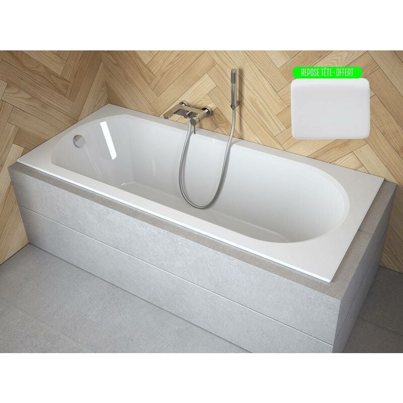 Otitec - Baignoire rectangulaire blanche à encastrer + repose tête - 170 x 75 - intrica slim - Blanc